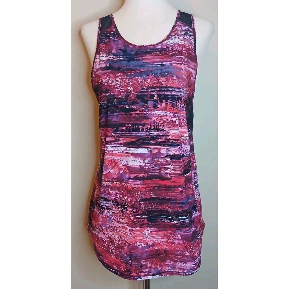 lululemon Sz 6 Athletic Tank Top Racer Back Fuchsia Maroon Print Black Mesh EUC